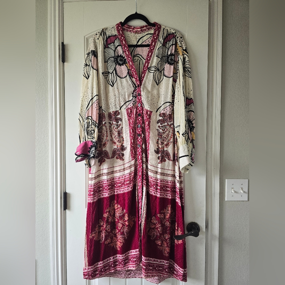 Free People Kimono Boho Maxi Top Beach Cover Up Oversized S Resort Floral Dress - Picture 4 of 16